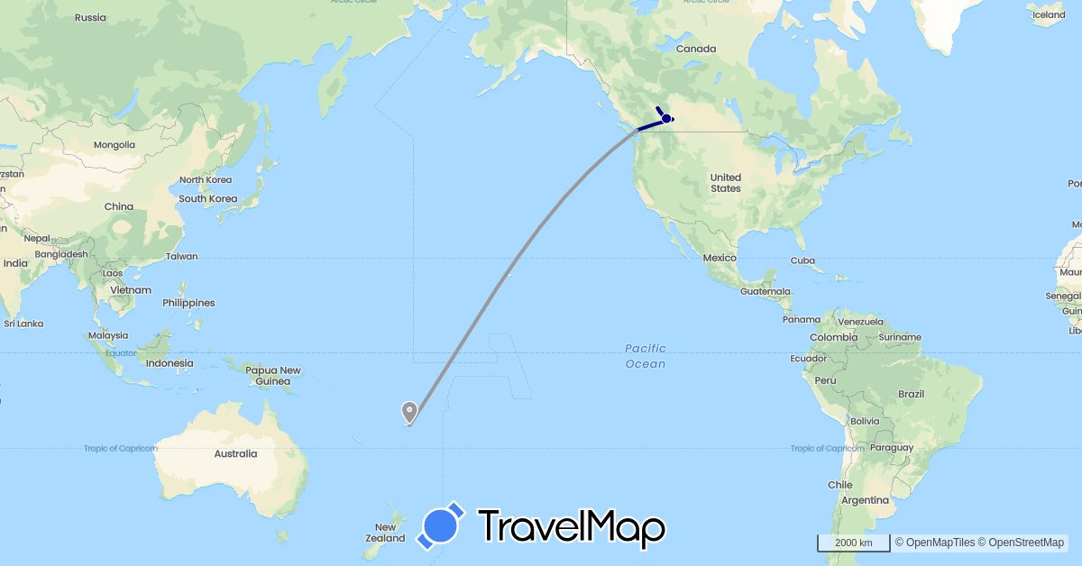 TravelMap itinerary: driving, plane in Canada, Fiji (North America, Oceania)
